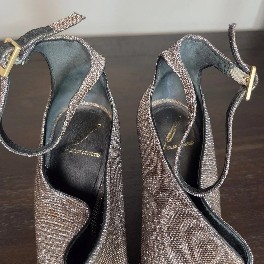 B Brian Atwood Metallic Glitter Peep Toe Ankle Strap Stiletto Heels 10 Italy